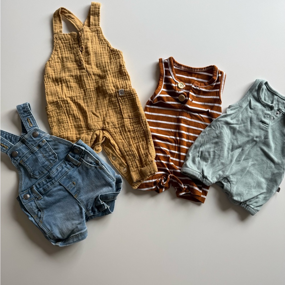 Kids Overalls and Rompers Set - Mustard, Striped, Denim, and Teal